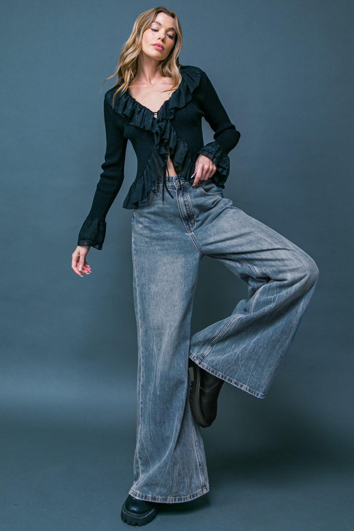 Daring Trend Washed Denim Pants Wide Leg Front Pockets For Everyday Wear