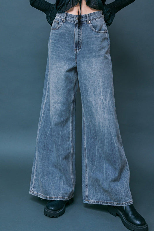 Daring Trend Washed Denim Pants Wide Leg Front Pockets For Everyday Wear