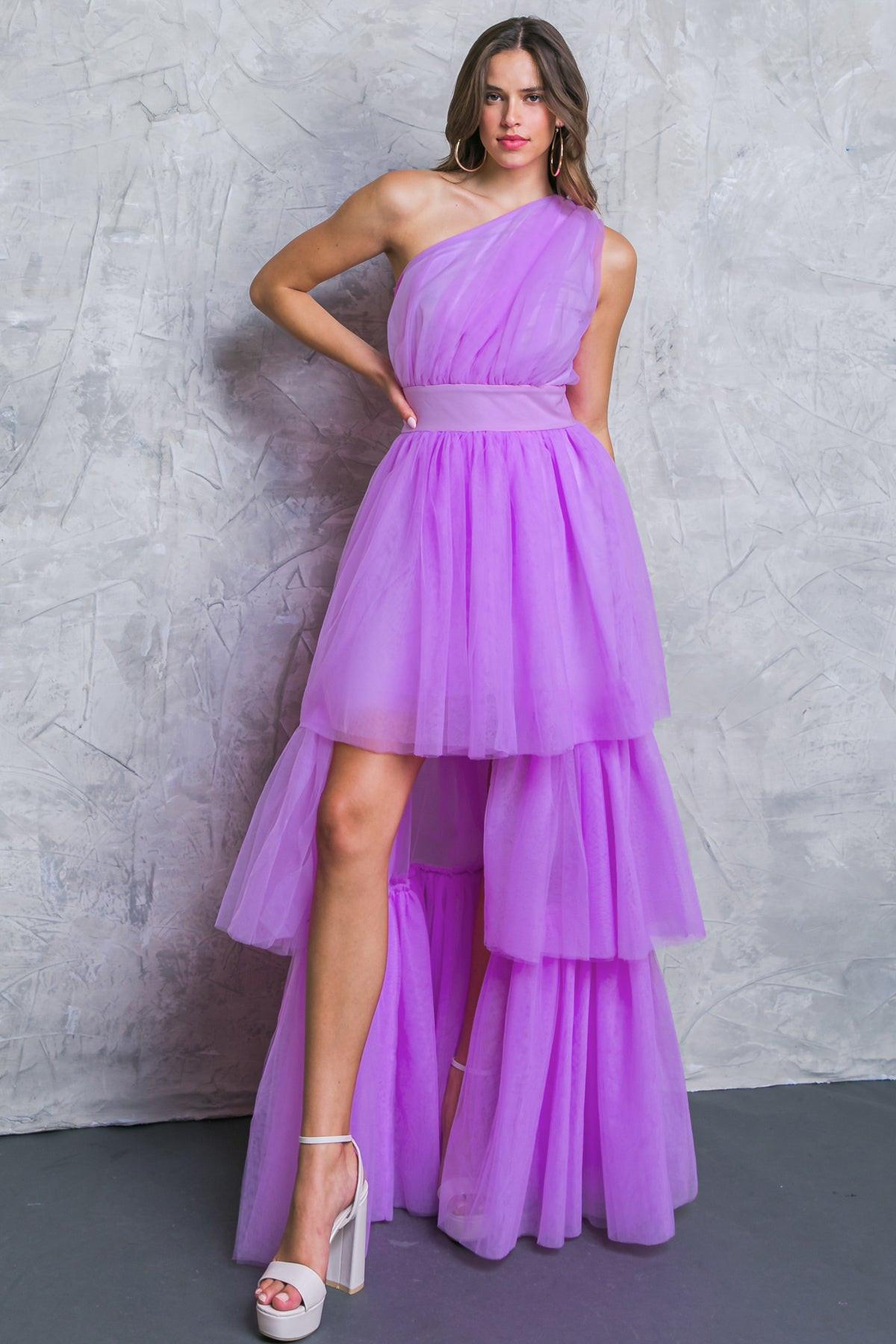 One Shoulder Maxi Dress With Layered Tulle Skirt And Side Zipper Closure