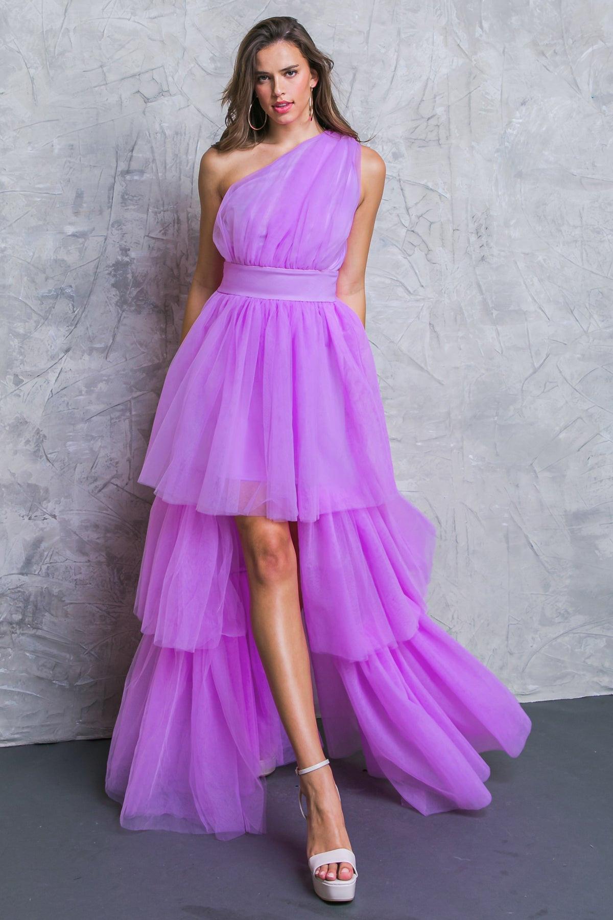 One Shoulder Maxi Dress With Layered Tulle Skirt And Side Zipper Closure