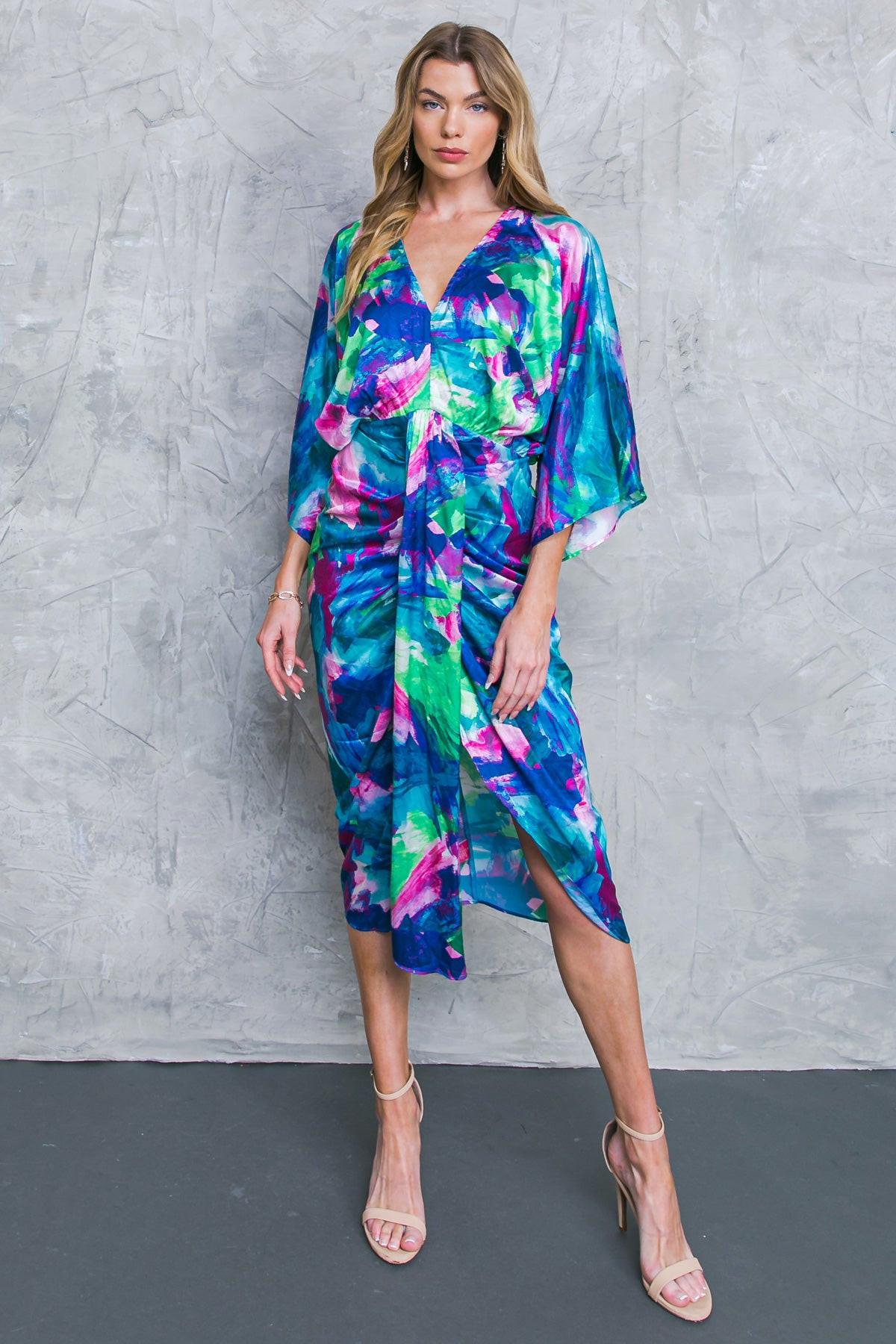 On The Horizon Woven Satin Midi Dress Plunging V Neck Kimono Sleeves
