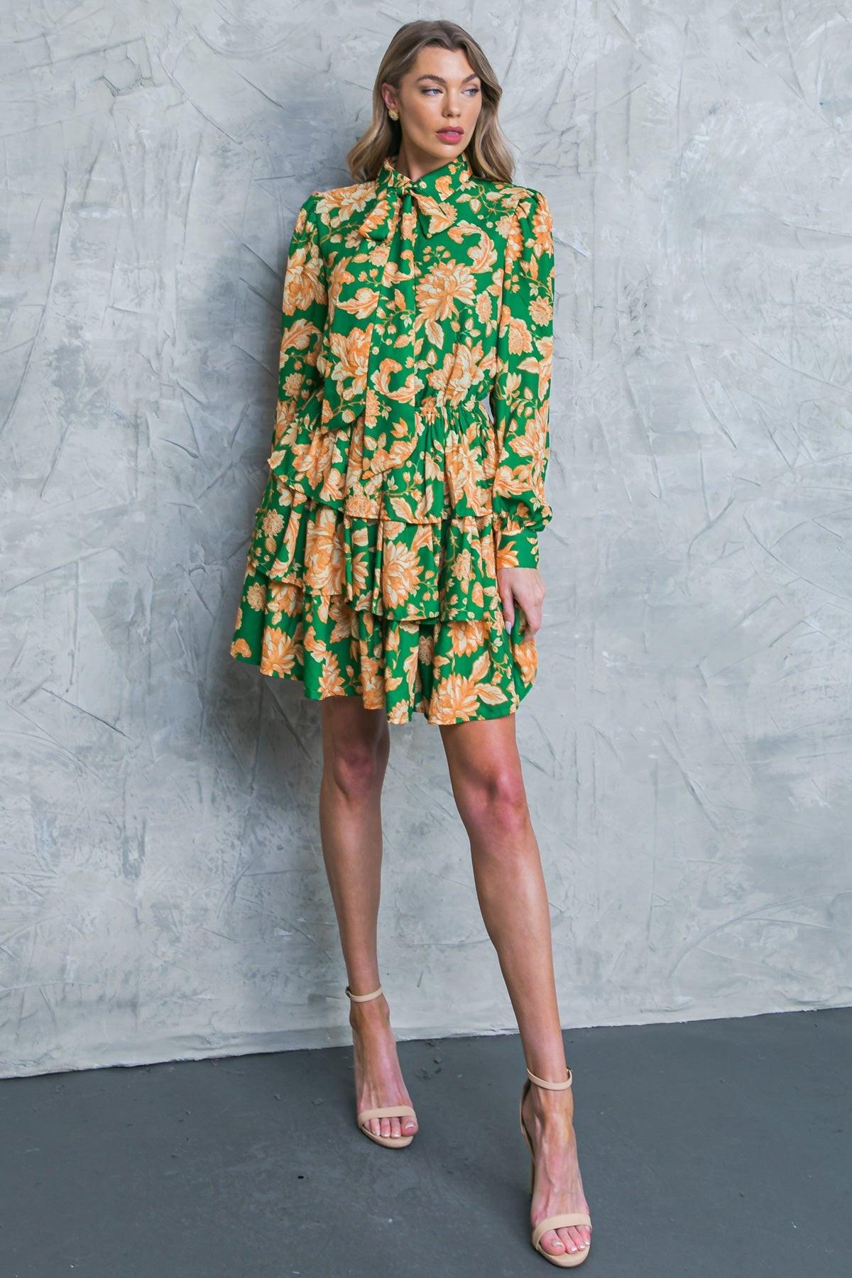Girl In Mine Printed Woven Mini Dress With Collar Tie And Elastic Waist