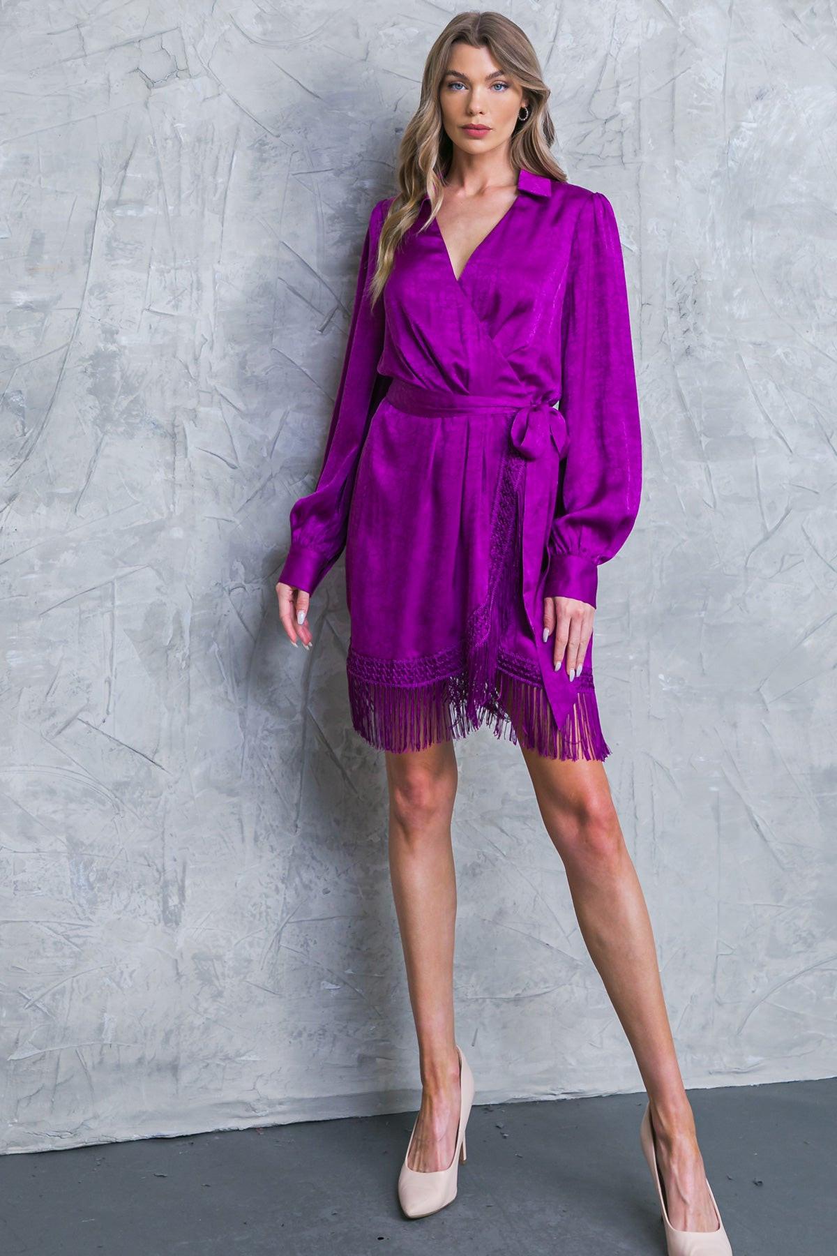 Never Gonna Give Up Woven Midi Dress With Long Sleeves Collar Side Tie Fringe