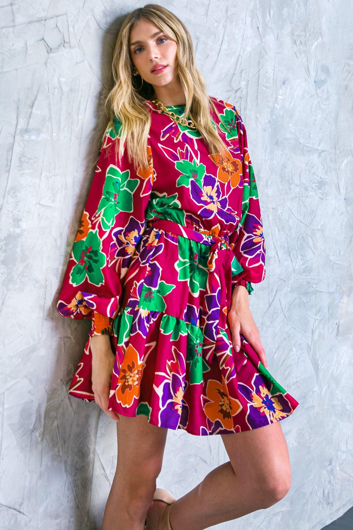 Elevated Attitude Woven Mini Dress With Elastic Waist And Sash Tie