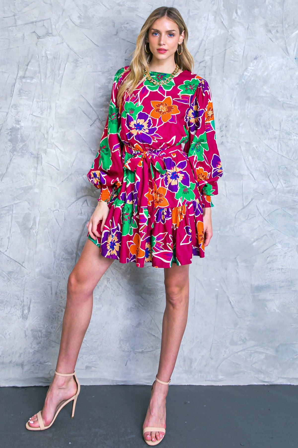 Elevated Attitude Woven Mini Dress With Elastic Waist And Sash Tie