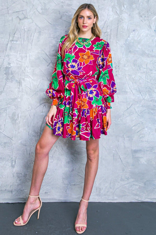 Elevated Attitude Woven Mini Dress With Elastic Waist And Sash Tie