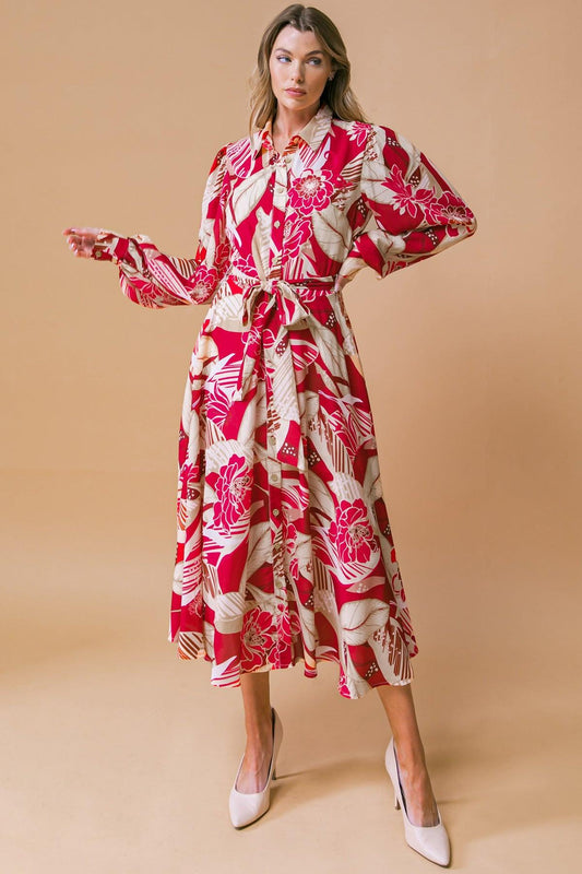 Heart Of Woven Midi Dress With Shirt Collar Button Front And Self Tie
