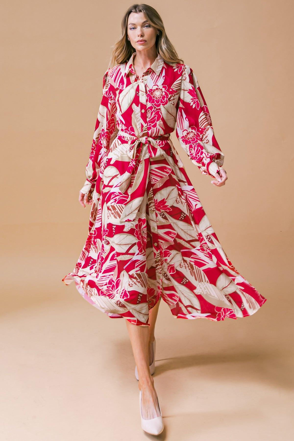 Heart Of Woven Midi Dress With Shirt Collar Button Front And Self Tie