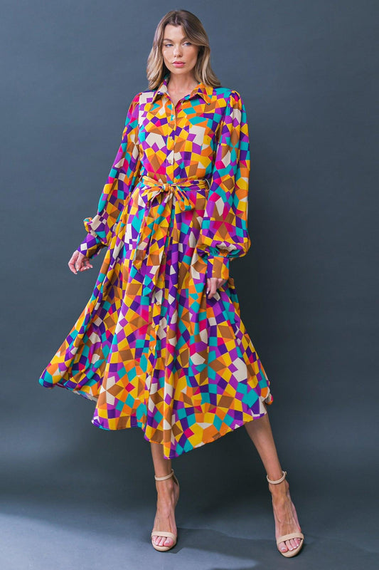 Change In The Air Woven Midi Dress With Shirt Collar And Removable Sash