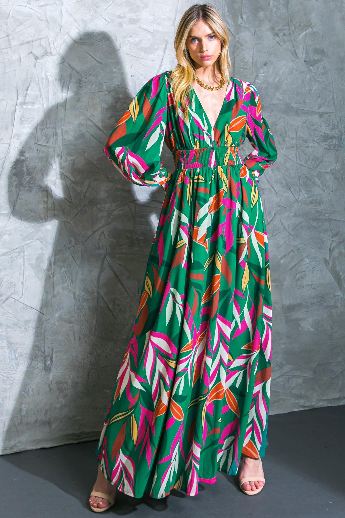 Gone Coastal Woven Maxi Dress With V Neckline Peasant Sleeves Smocked Waist