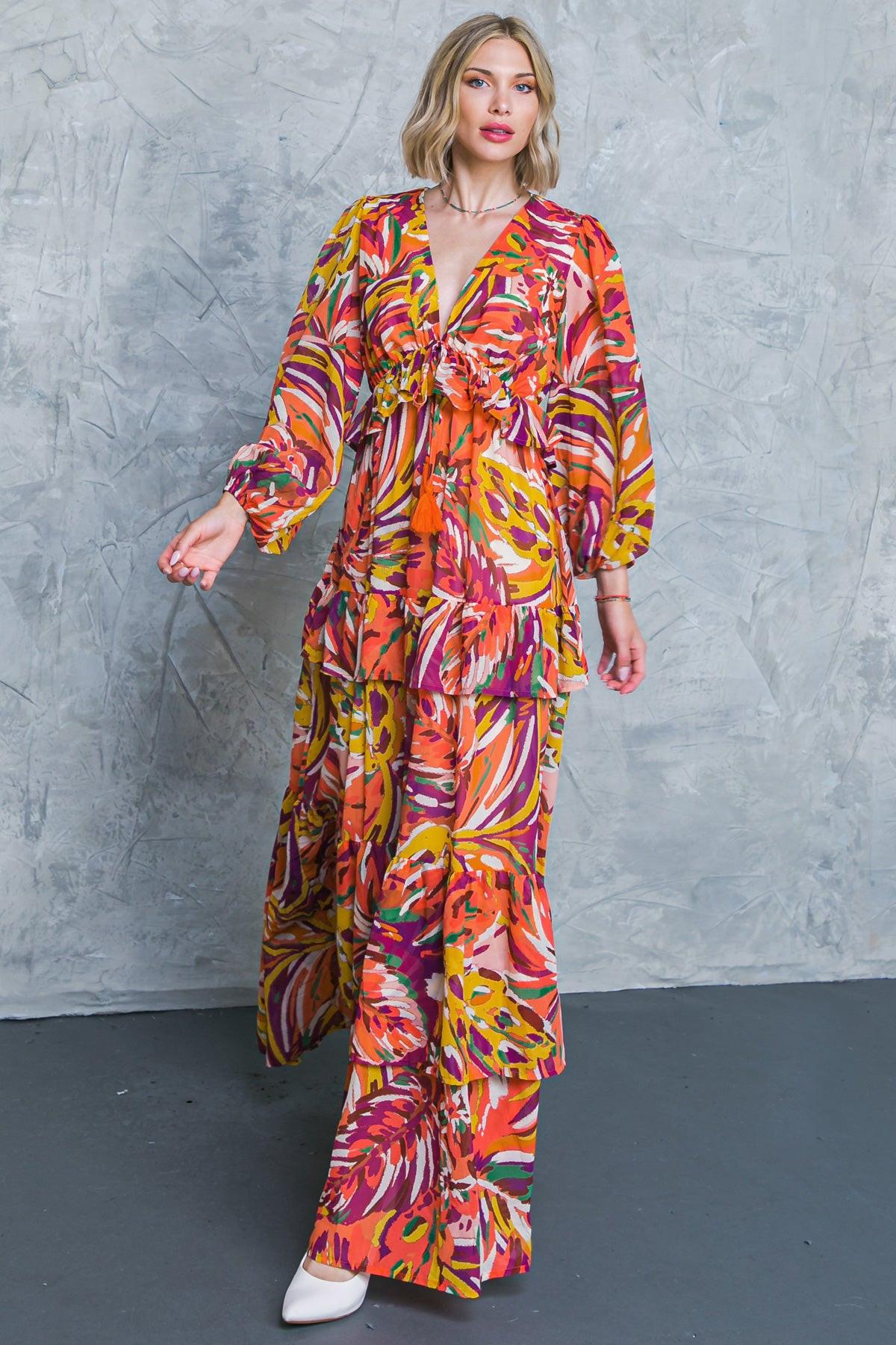 Wonderful Soul Woven Maxi Dress With V Neck Elastic Waist And Long Sleeves