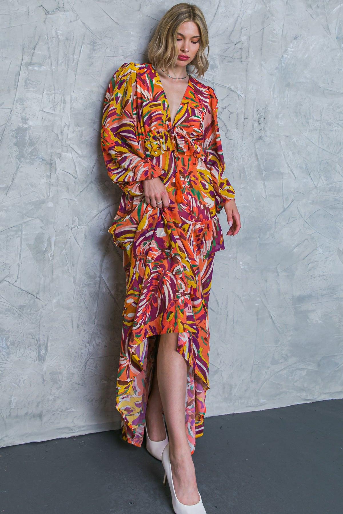 Wonderful Soul Woven Maxi Dress With V Neck Elastic Waist And Long Sleeves