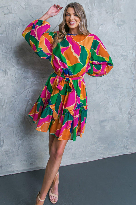 Thank Me Later Woven Mini Dress With Self Tie Waist Long Sleeve And Ruffled Hem