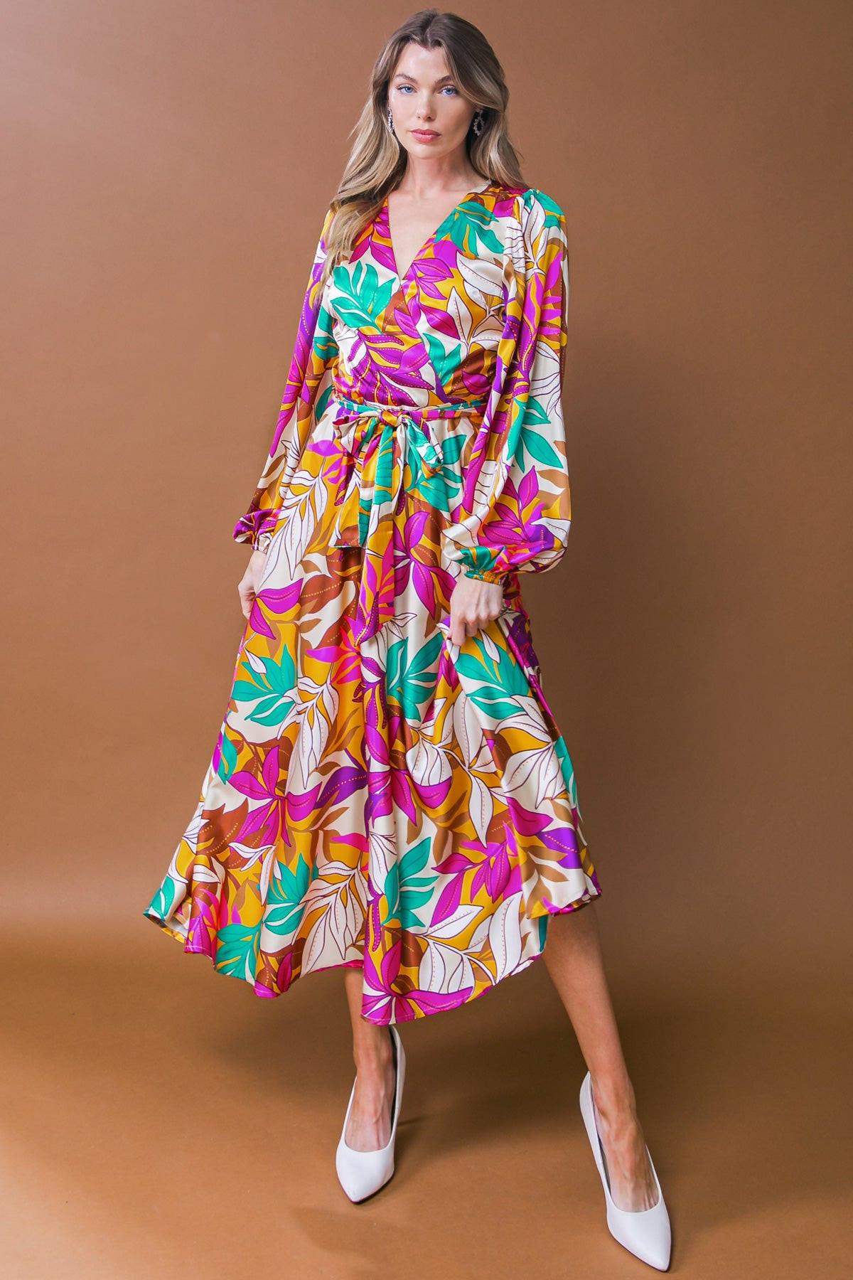 Carefree Confidence Woven Midi Dress With Surplice Neckline And Sash Tie