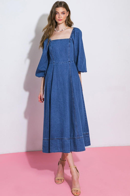 Feelin's Groovy Denim Midi Dress Square Neckline Long Sleeve Back Zip Closure