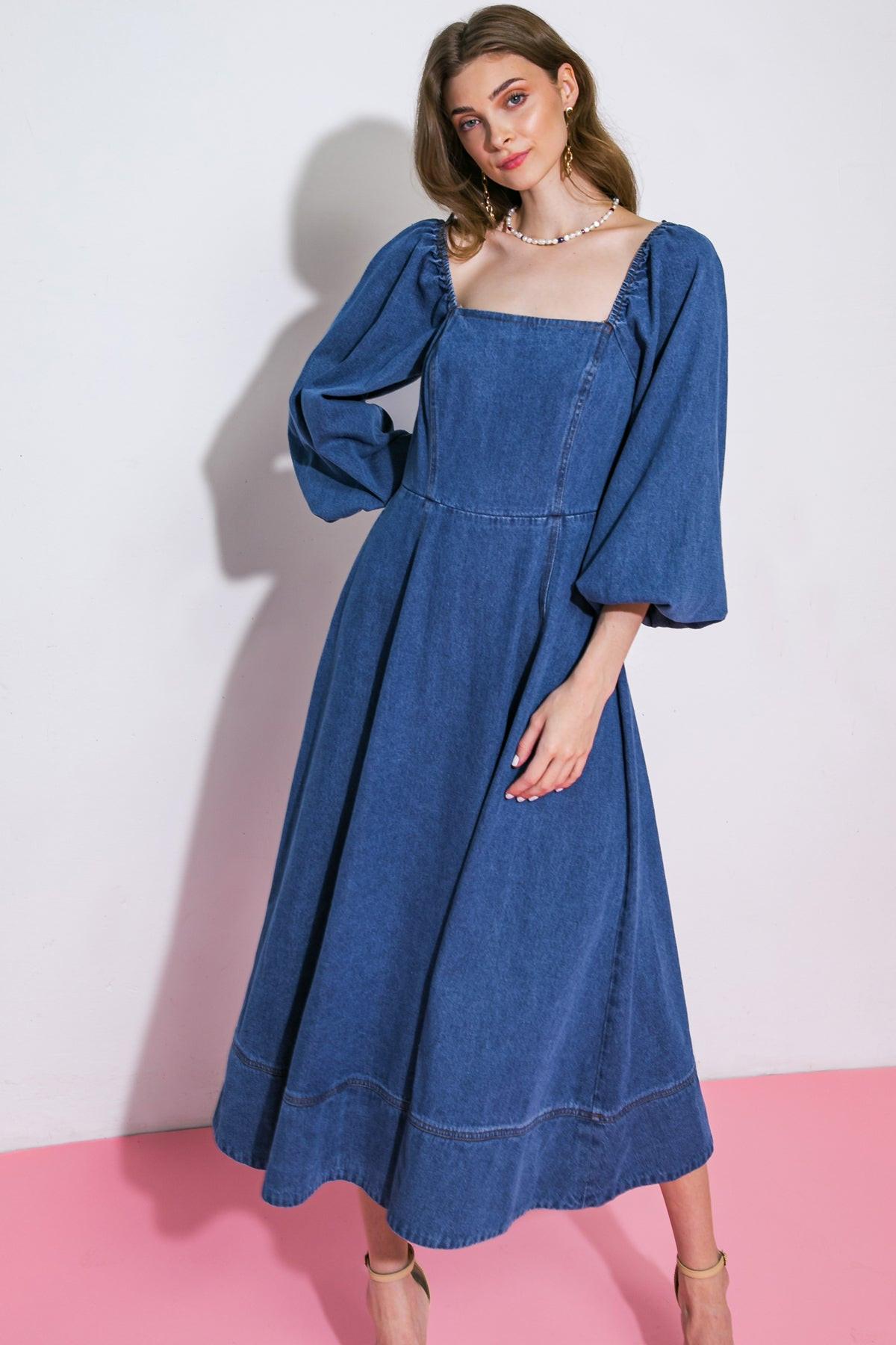 Feelin's Groovy Denim Midi Dress Square Neckline Long Sleeve Back Zip Closure