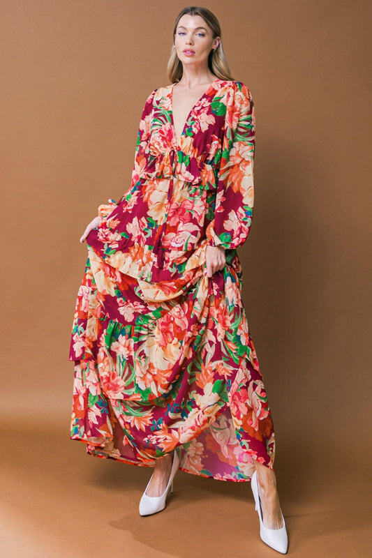 Leave You Speechless Woven Maxi Dress With V Neckline Long Sleeve Tiered Skirt