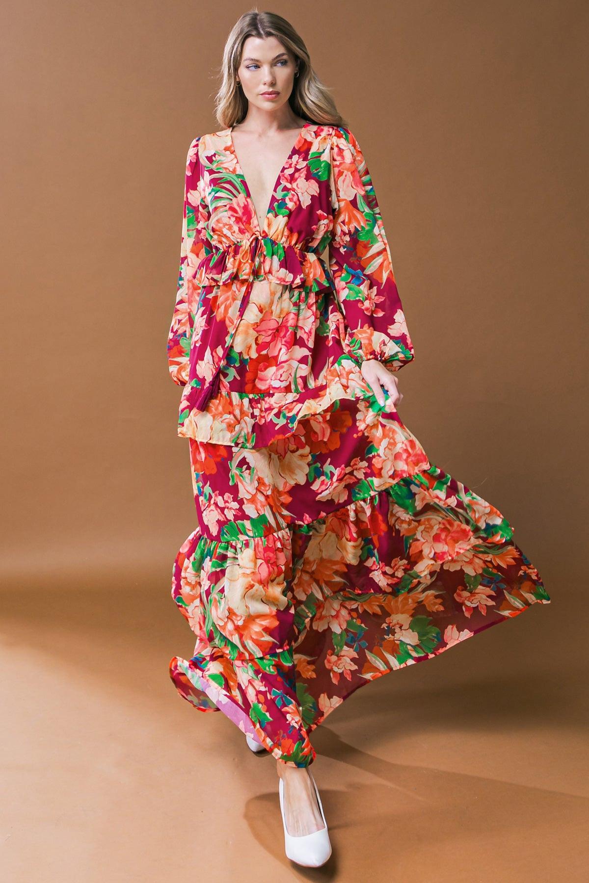 Leave You Speechless Woven Maxi Dress With V Neckline Long Sleeve Tiered Skirt