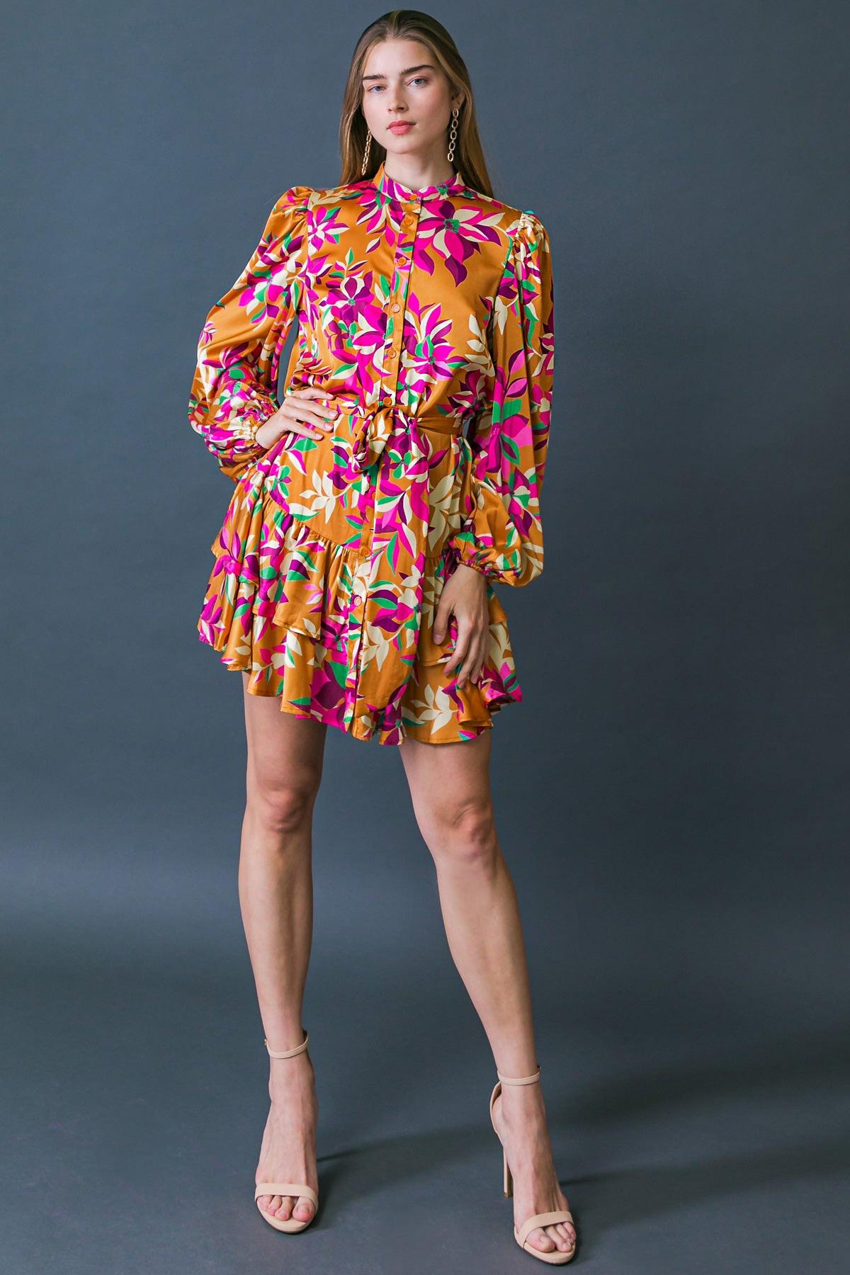 Just Believe In Me Woven Mini Dress Printed With China Collar Button Down