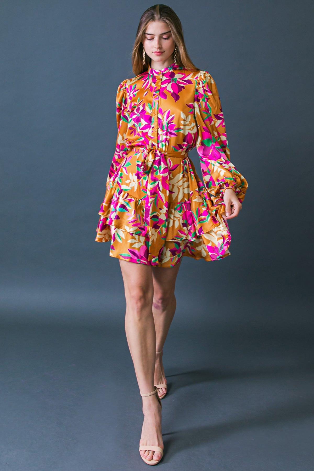 Just Believe In Me Woven Mini Dress Printed With China Collar Button Down