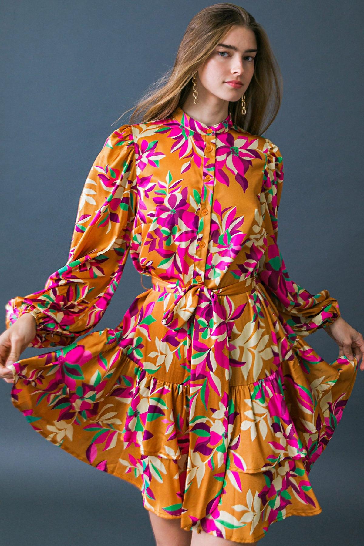 Just Believe In Me Woven Mini Dress Printed With China Collar Button Down