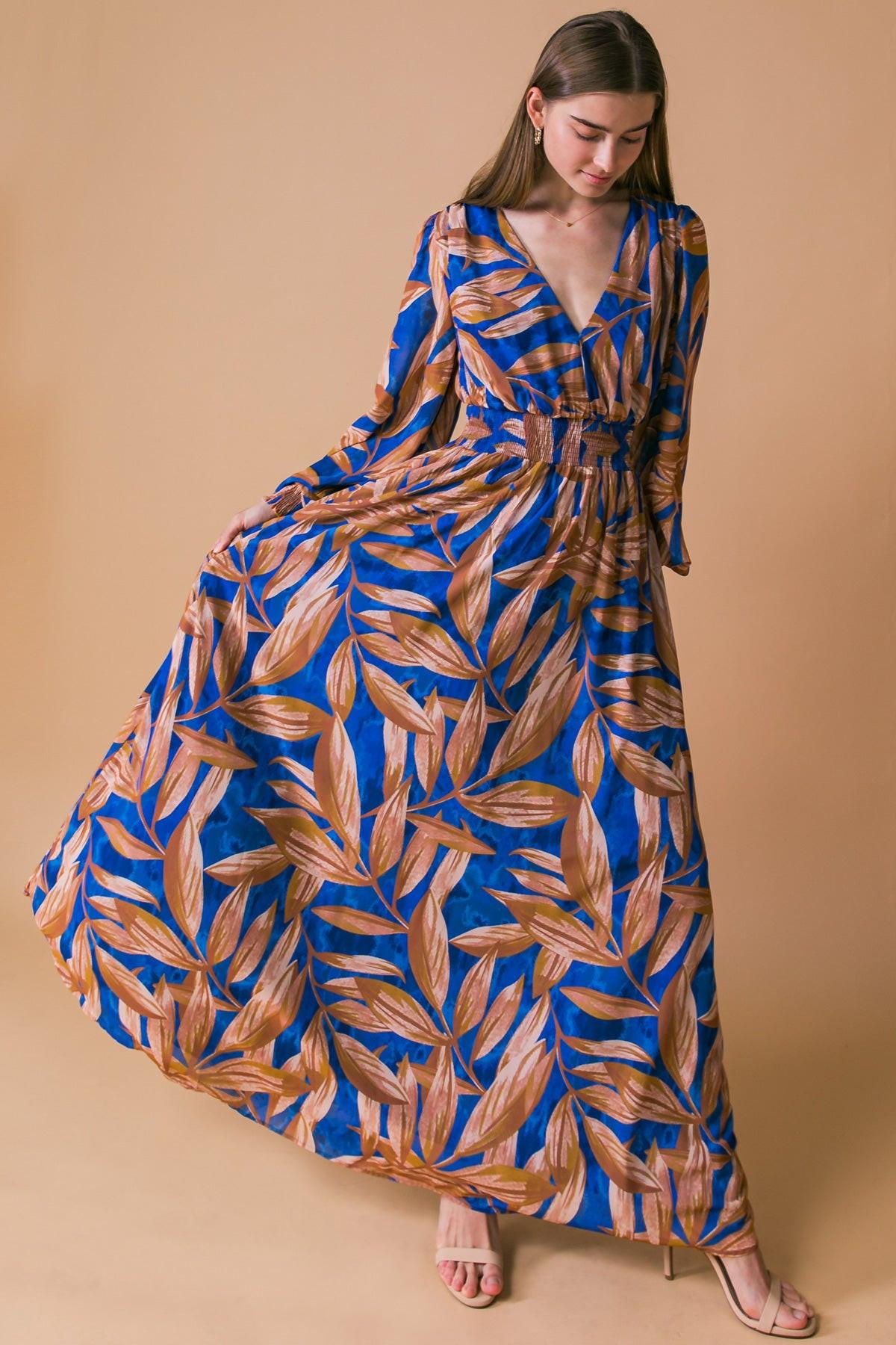 The Hope Of It All Printed Woven Maxi Dress With V Neck Smocked Sleeves