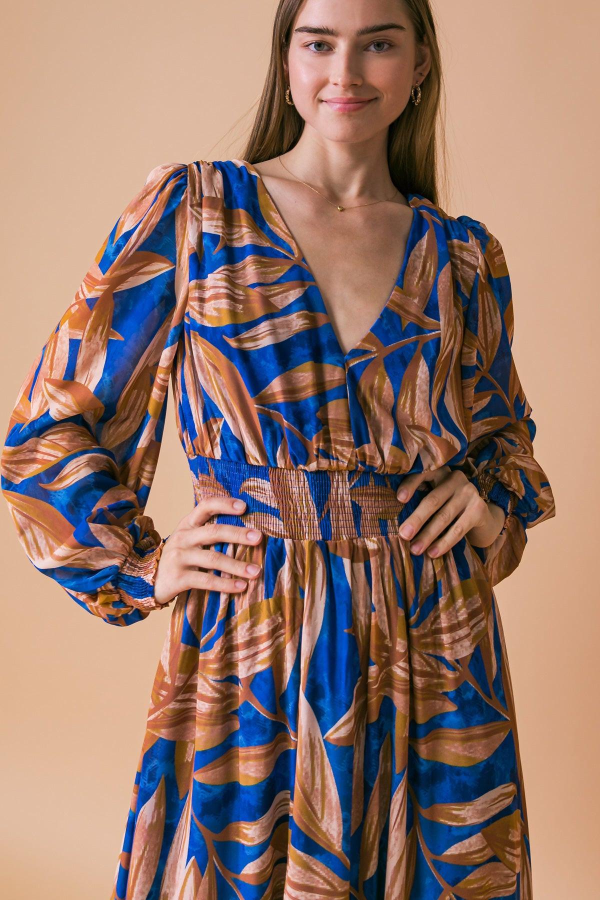 The Hope Of It All Printed Woven Maxi Dress With V Neck Smocked Sleeves