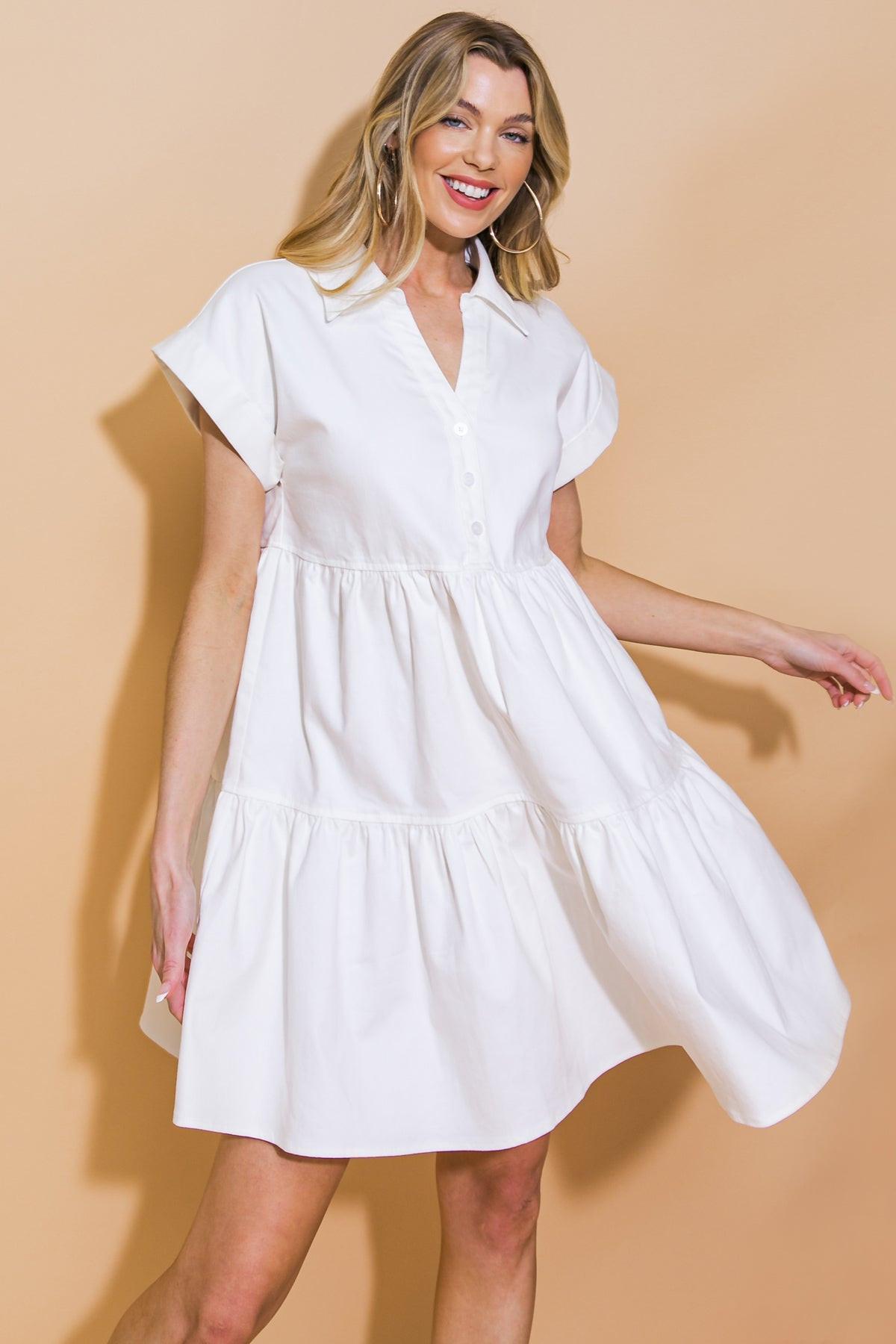 Timeless Beauty Twill Mini Dress With Shirt Collar Button Down And Tiered Body