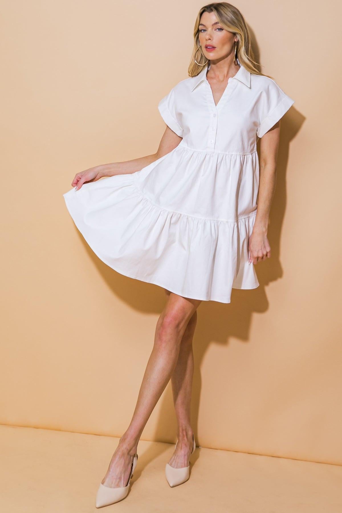 Timeless Beauty Twill Mini Dress With Shirt Collar Button Down And Tiered Body
