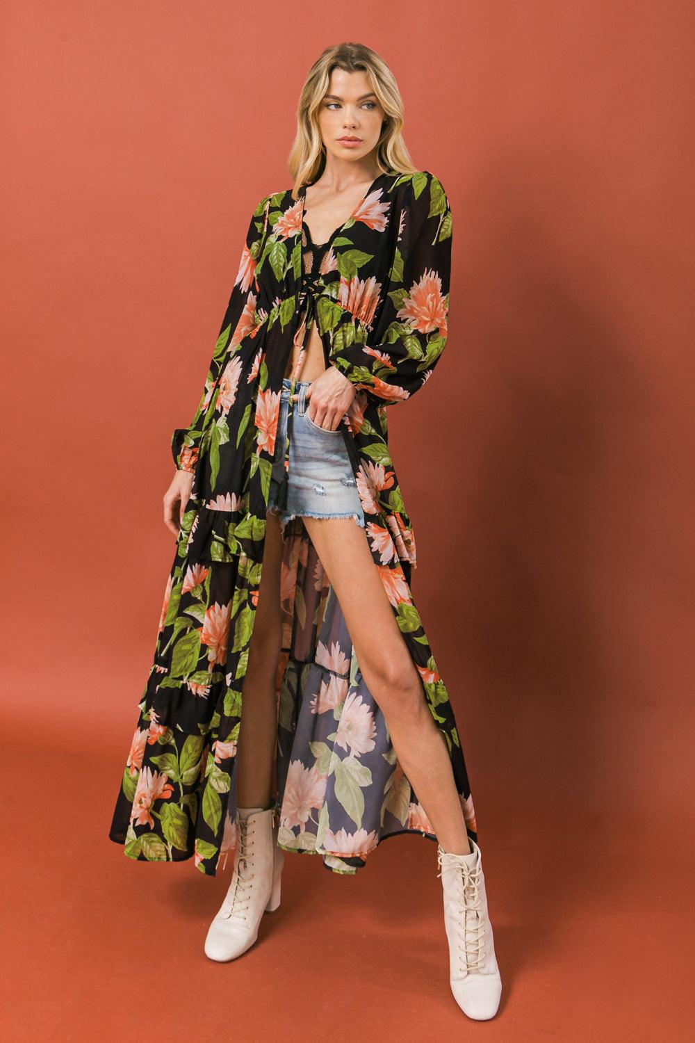 Bein With The Basics Woven Maxi Cover Up Empire Waist Tie Peasant Sleeves