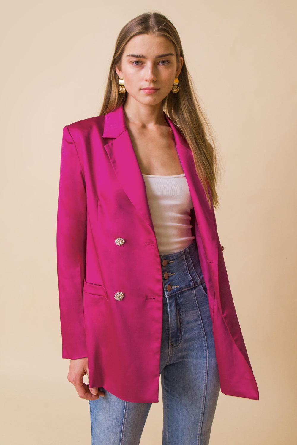 Perfect For Me Satin Blazer With Front Pockets Tailored Fit And Sleeve Buttons