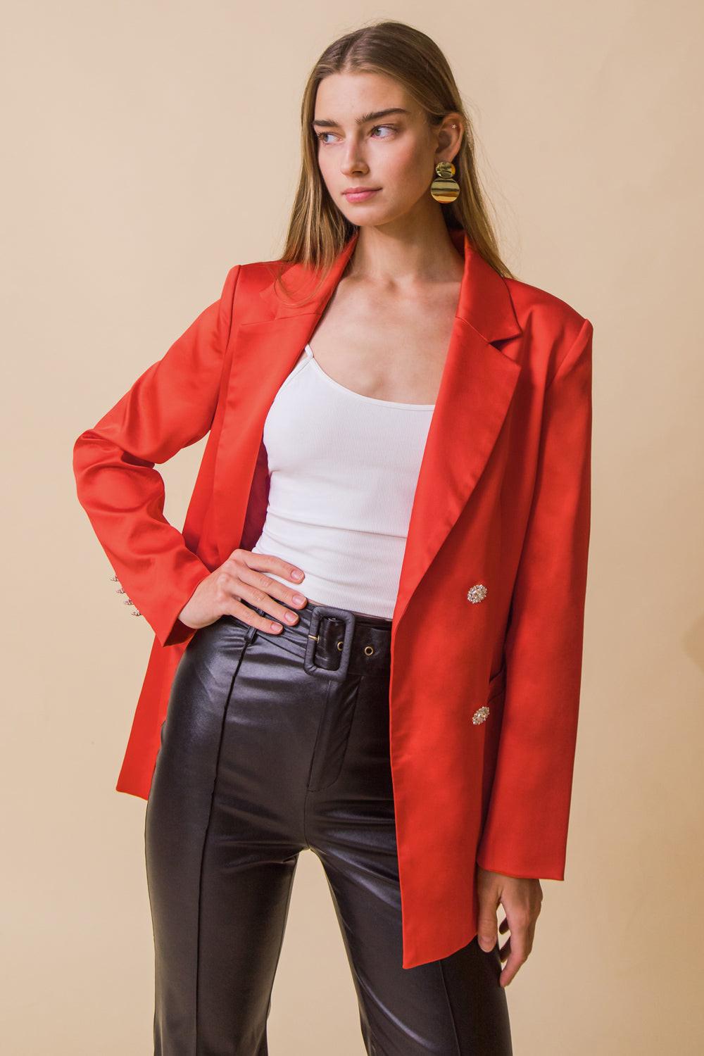 Perfect For Me Satin Blazer With Front Pockets Tailored Fit And Sleeve Buttons