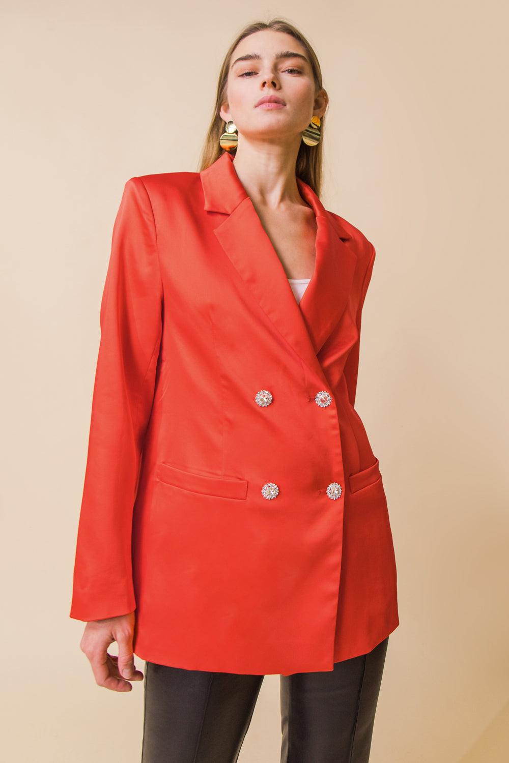 Perfect For Me Satin Blazer With Front Pockets Tailored Fit And Sleeve Buttons