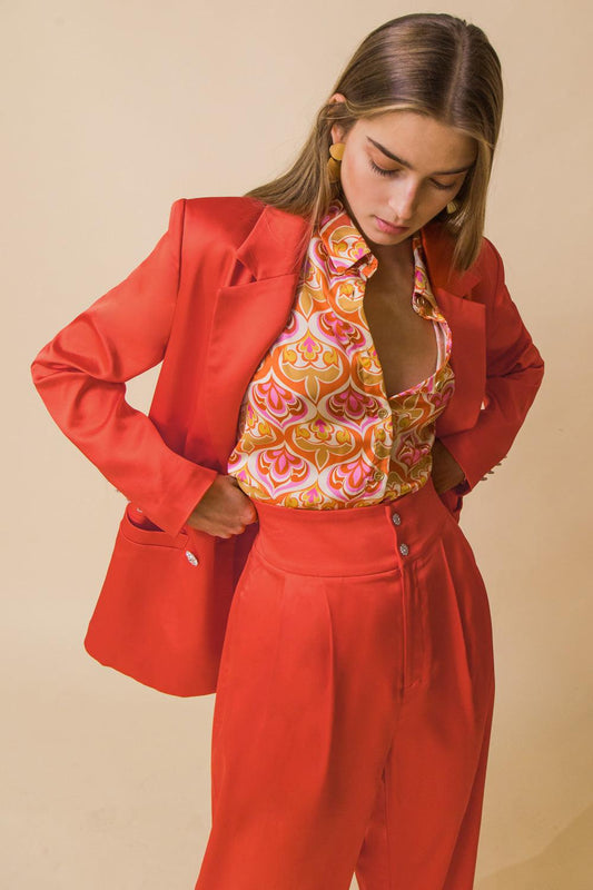 Perfect For Me Satin Blazer With Front Pockets Tailored Fit And Sleeve Buttons