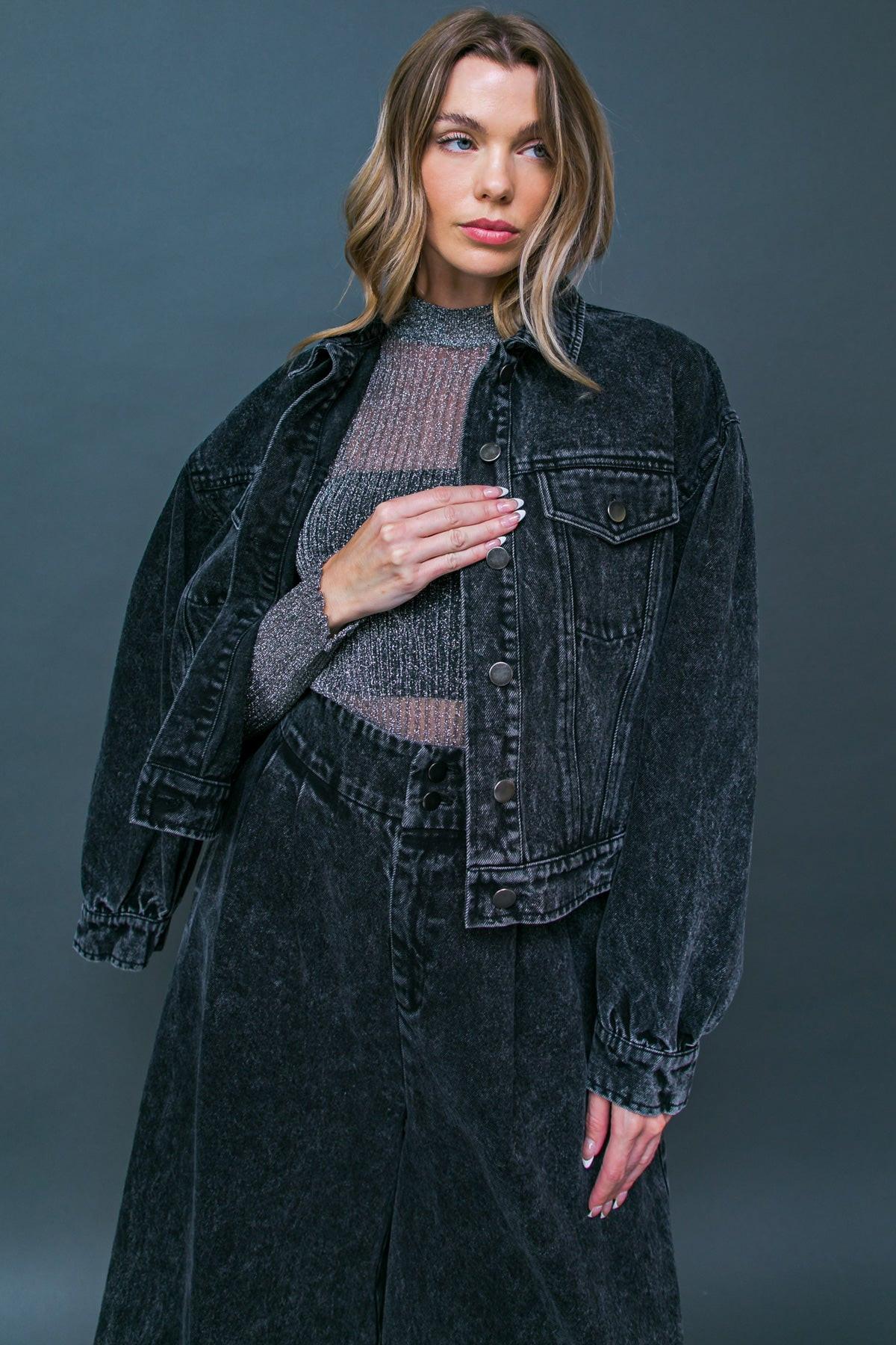 See You Go Acid Wash Denim Jacket With Puff Sleeves And Front Pockets