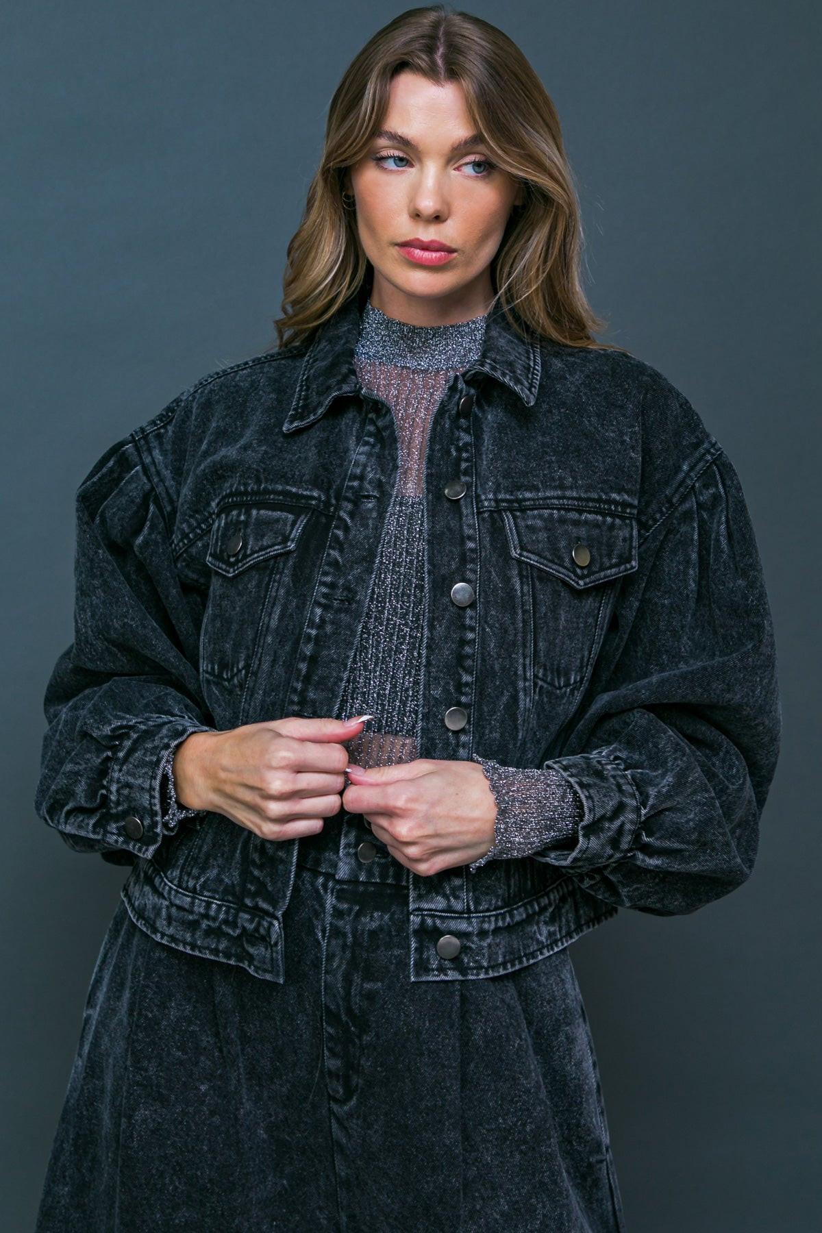See You Go Acid Wash Denim Jacket With Puff Sleeves And Front Pockets