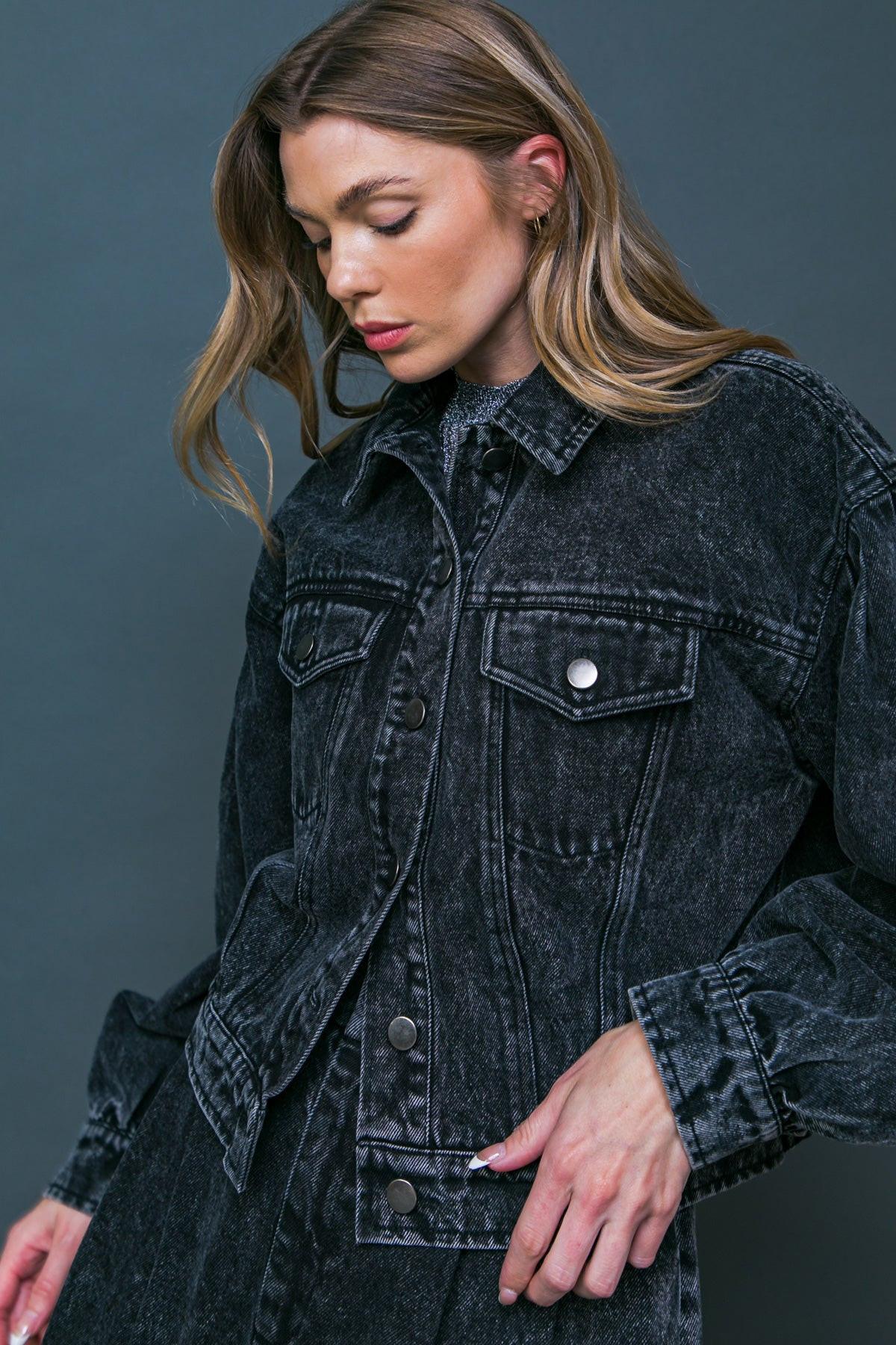 See You Go Acid Wash Denim Jacket With Puff Sleeves And Front Pockets