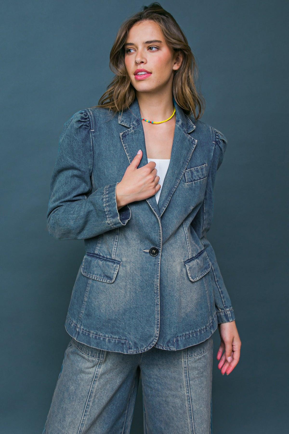 Give It Your All Denim Blazer Washed Denim Front Button Closure Pockets