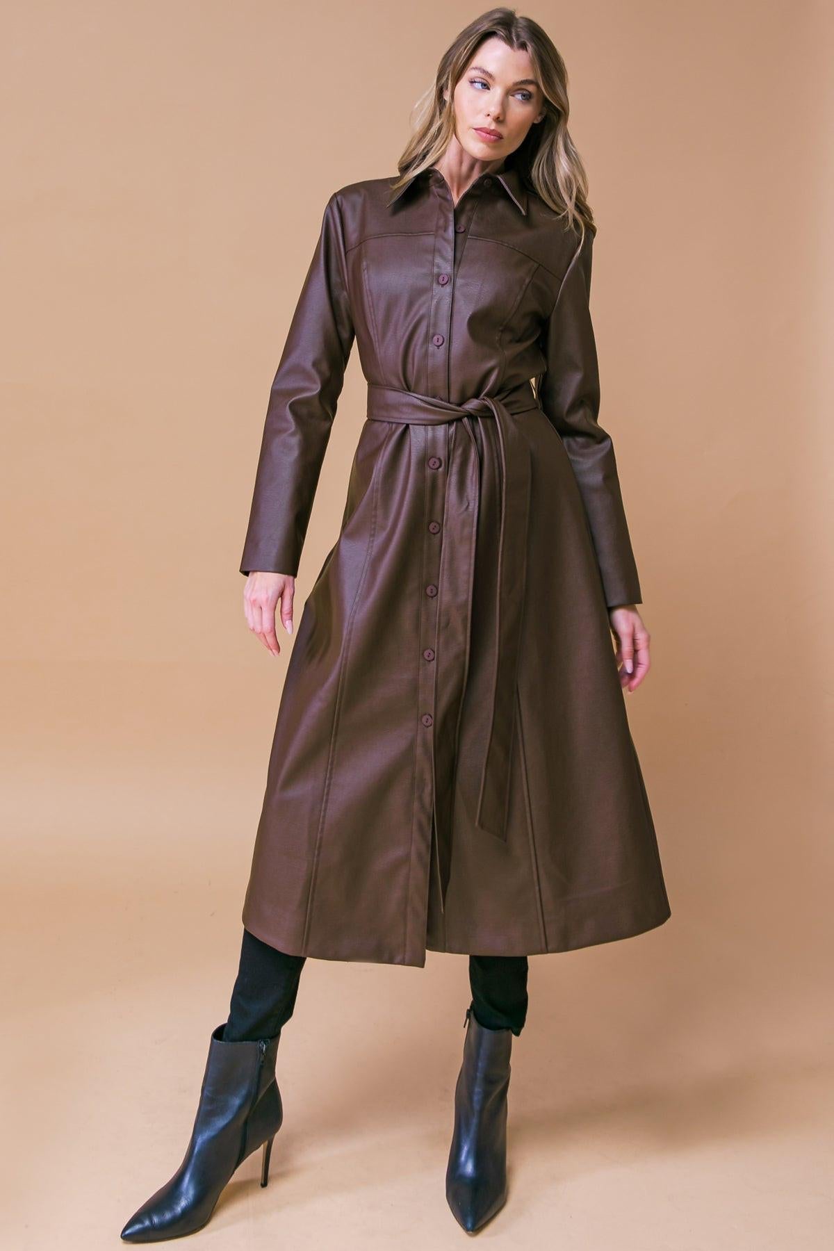 Wonderful Day Faux Leather Midi Coat With Button Down Detailing And Sash Tie