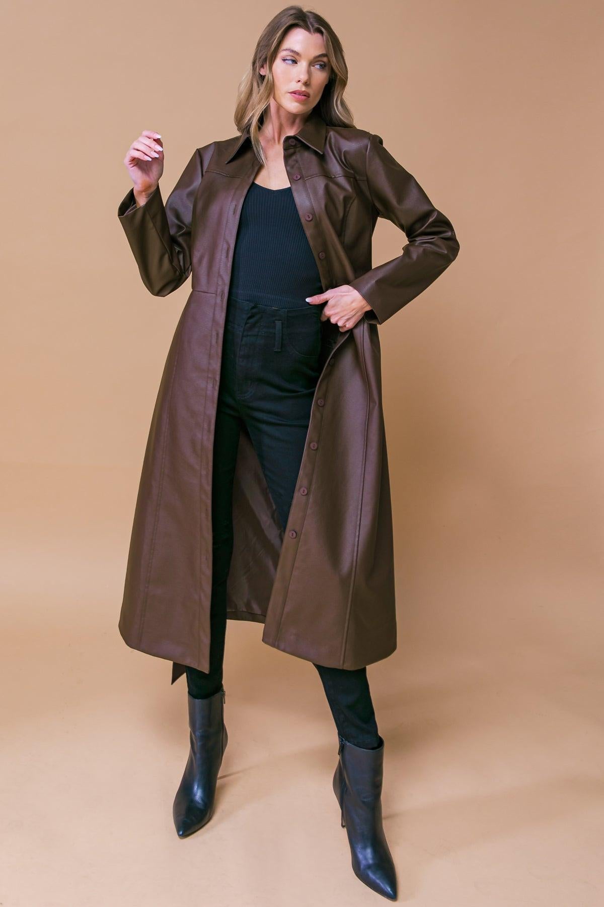Wonderful Day Faux Leather Midi Coat With Button Down Detailing And Sash Tie