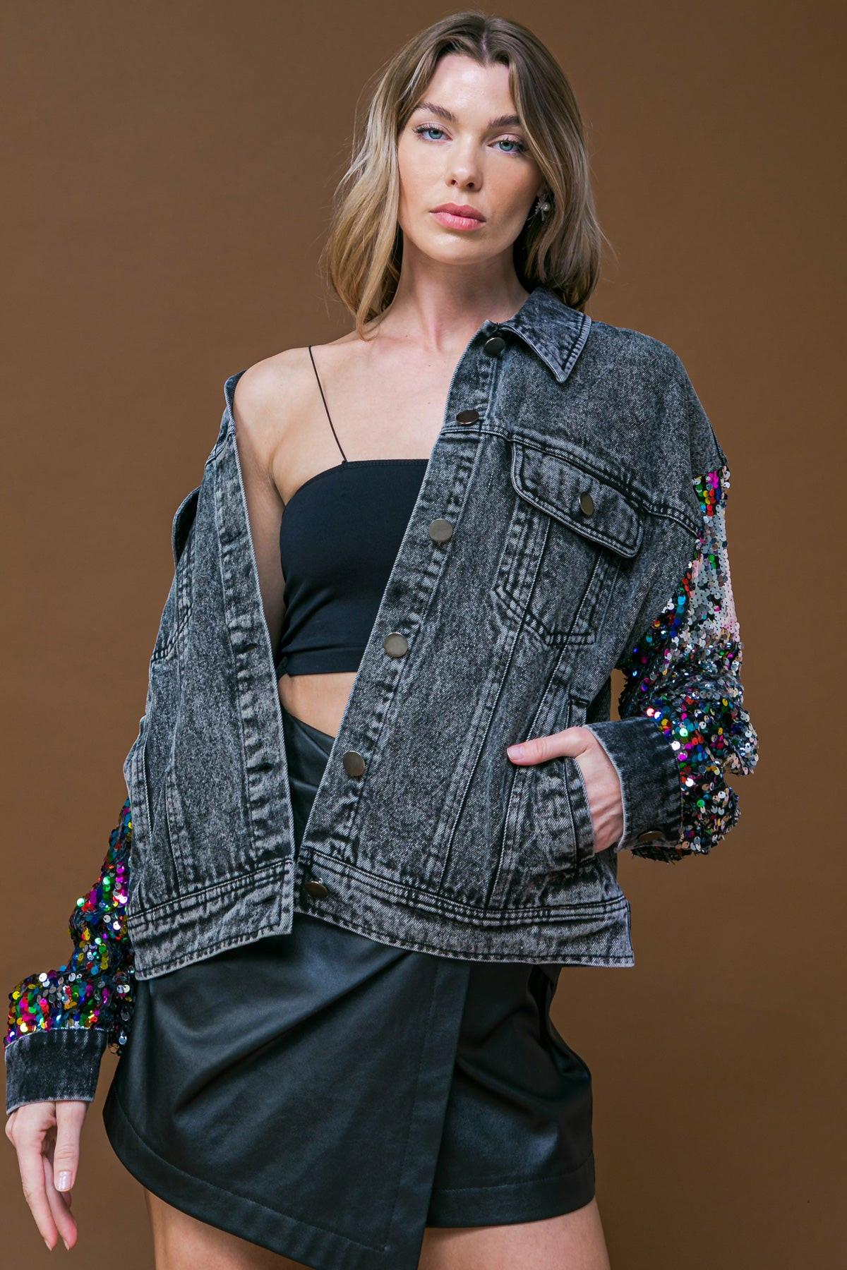 Going There Washed Denim Jacket With Button Down Front And Sequin Sleeves