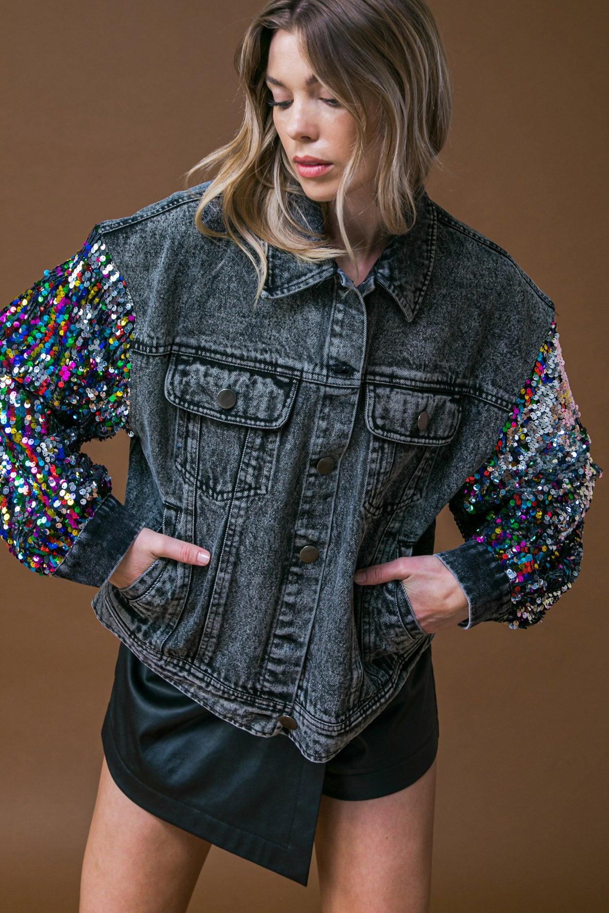 Going There Washed Denim Jacket With Button Down Front And Sequin Sleeves