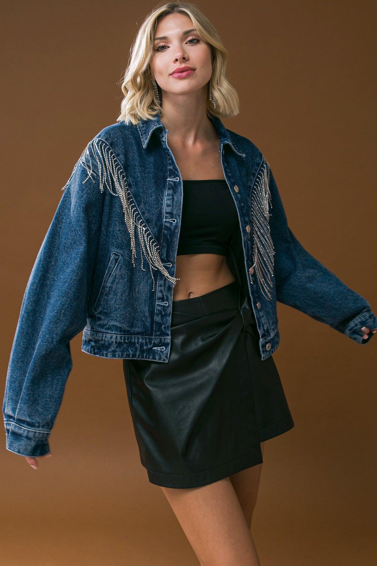 Stunning Excellence Washed Denim Jacket With Fringe Details