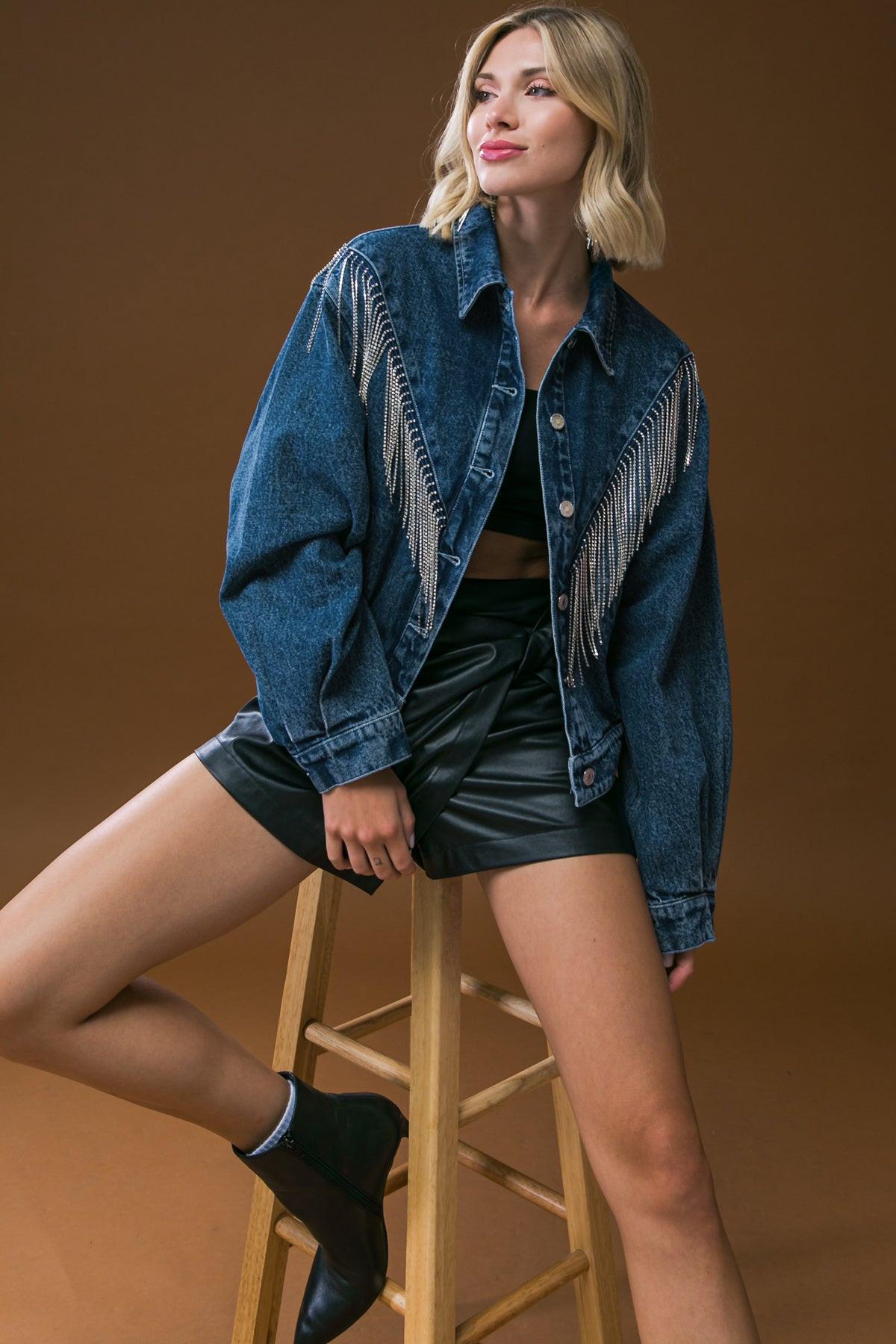 Stunning Excellence Washed Denim Jacket With Fringe Details