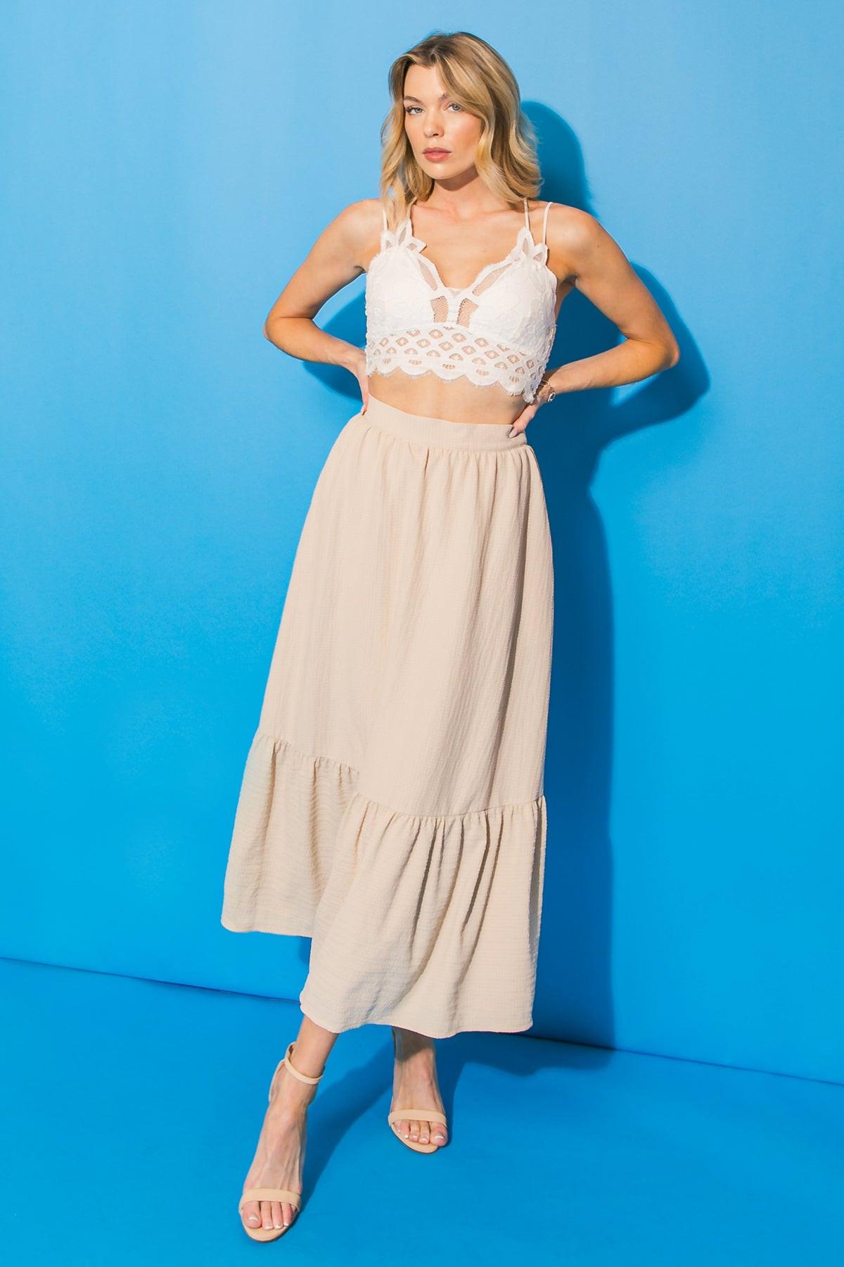 Lovely Mood Woven Midi Skirt With Back Zipper And Textured Fabric