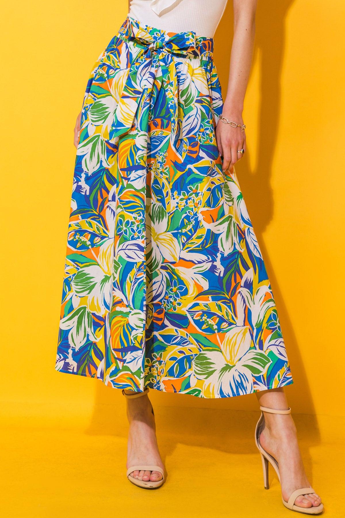 Printed Poplin Full Skirt With Self Tie And Pockets Side Zip Closure