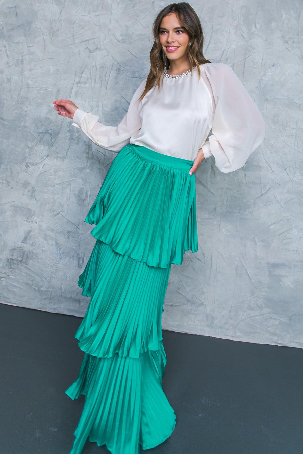 In Love With Me Woven Skirt Solid Color With Pleated Layers And Side Zipper
