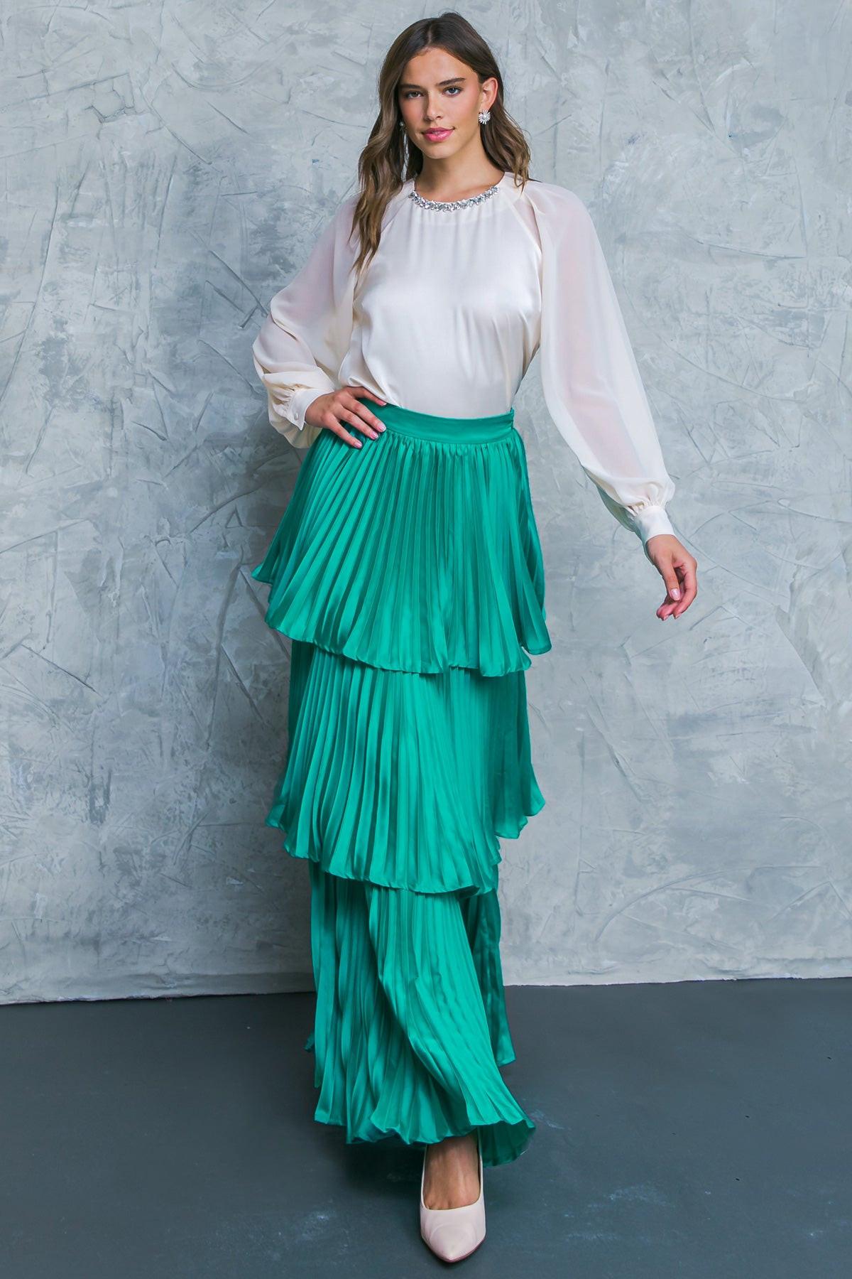 In Love With Me Woven Skirt Solid Color With Pleated Layers And Side Zipper