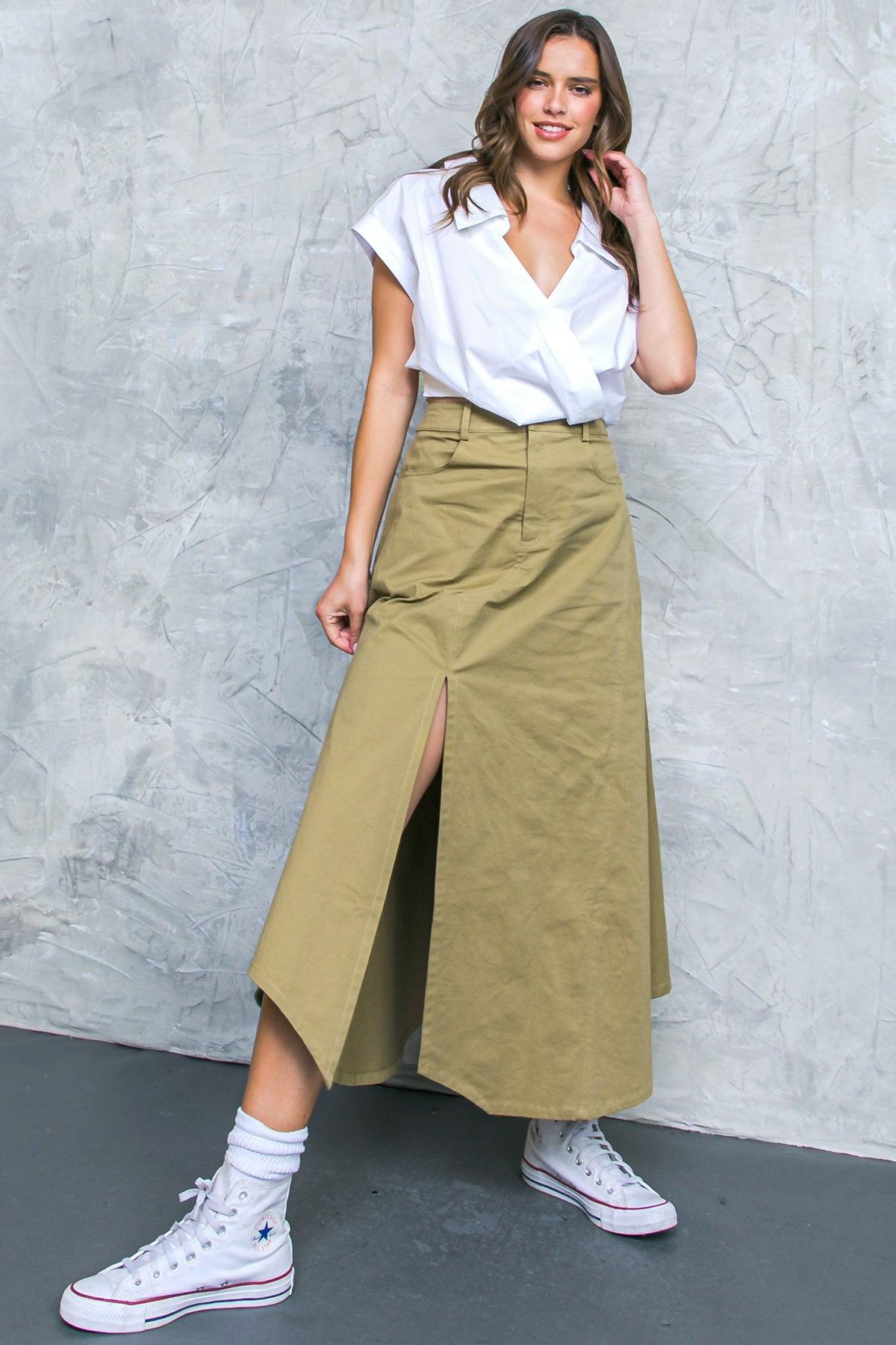 Complete Crush Twill Midi Skirt With Front Slit And Side Pockets