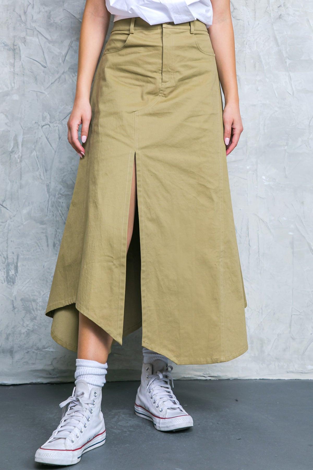 Complete Crush Twill Midi Skirt With Front Slit And Side Pockets